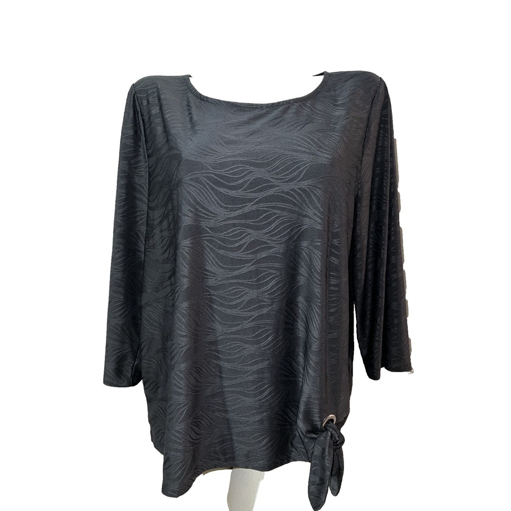 Easywear by Chico's Black Textured Wave‎ 3/4 Sleeve Side Tie Top Size 3 XL XXL